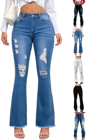 Flare Ripped Jeans Womens High Waisted Distressed Skinny Bootcut Jeans Bell Bottom Pants Denim Pants with Pockets