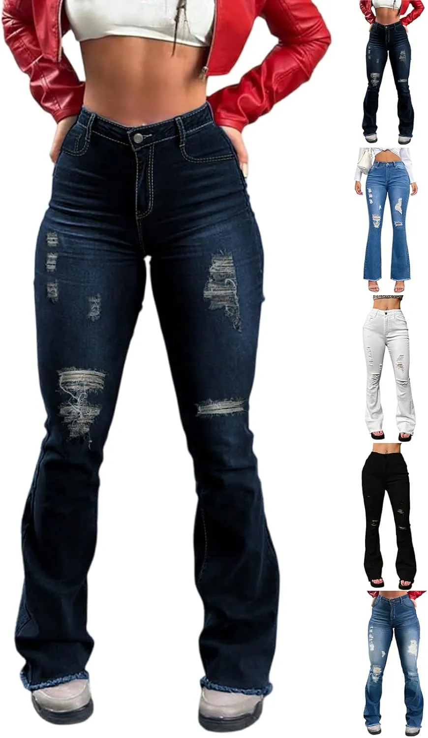 Flare Ripped Jeans Womens High Waisted Distressed Skinny Bootcut Jeans Bell Bottom Pants Denim Pants with Pockets