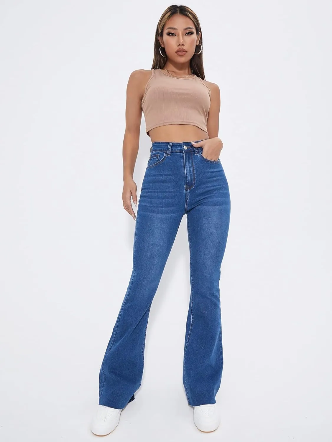 Floerns Women's High Waisted Flare Jeans Raw Hem Stretch Slim Fit Denim Pants