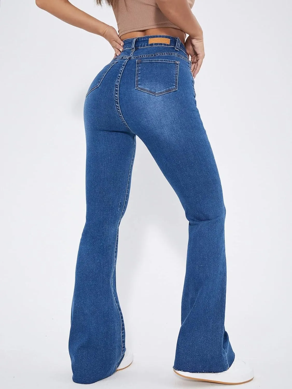 Floerns Women's High Waisted Flare Jeans Raw Hem Stretch Slim Fit Denim Pants
