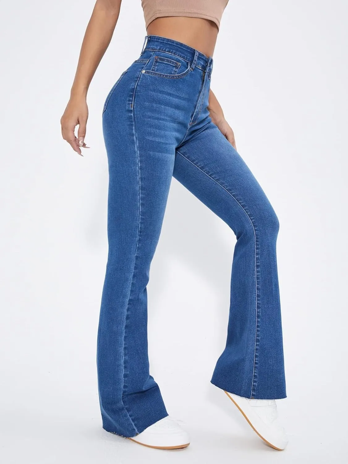 Floerns Women's High Waisted Flare Jeans Raw Hem Stretch Slim Fit Denim Pants