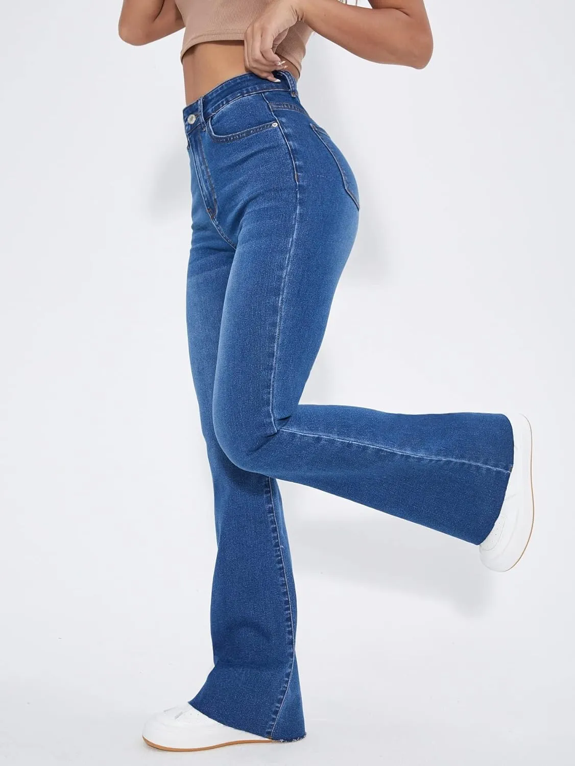 Floerns Women's High Waisted Flare Jeans Raw Hem Stretch Slim Fit Denim Pants