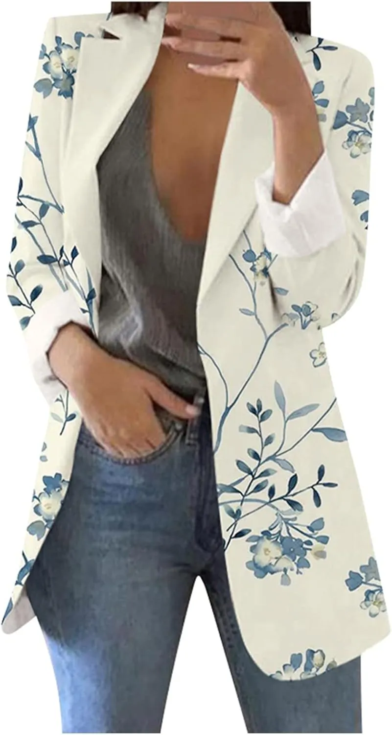 Floral Blazers for Women Long Sleeve Trendy Casual Open Front Printed Dressy Fitted Suit Jackets