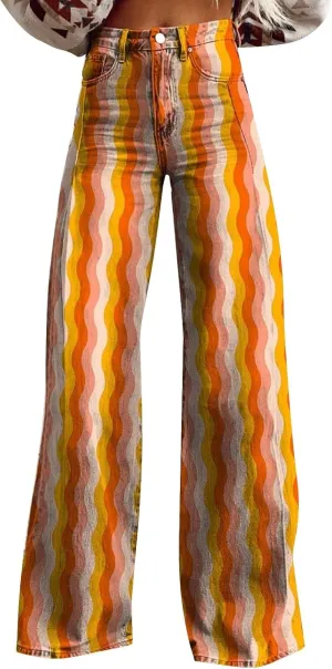 Floral Jeans for Women Wide Leg Flare Jeans for Women with Pocket Baggy Pants Vintage Floral Print High Waisted Pant