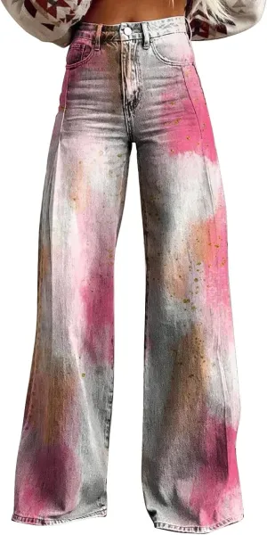Floral Jeans for Women Wide Leg Flare Jeans for Women with Pocket Baggy Pants Vintage Floral Print High Waisted Pant