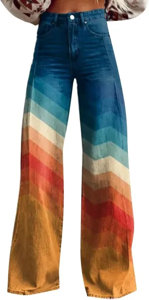 Floral Jeans for Women Wide Leg Flare Jeans for Women with Pocket Baggy Pants Vintage Floral Print High Waisted Pant
