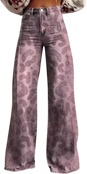 Floral Jeans for Women Wide Leg Flare Jeans for Women with Pocket Baggy Pants Vintage Floral Print High Waisted Pant