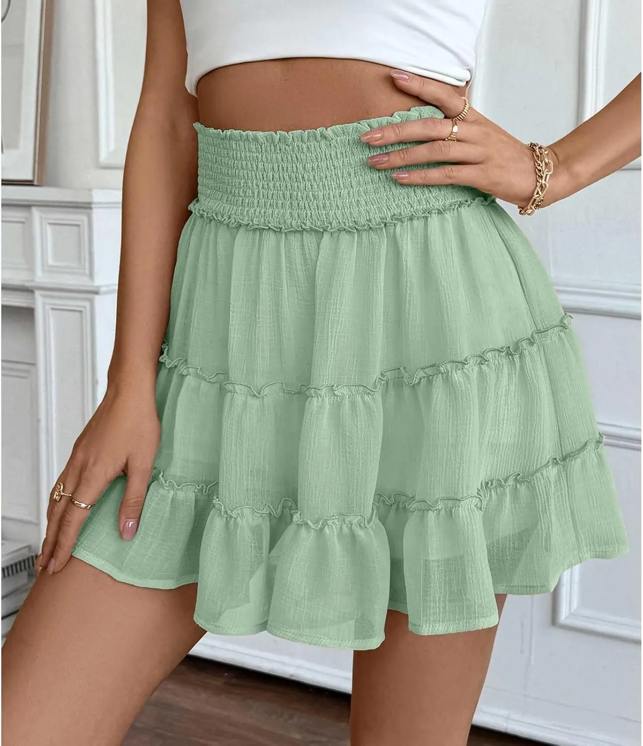 Flowy Shorts for Women Casual High Waist Boho Ruffle Summer Tiered Skorts High Waist Mini Flowy Skirts Golf Shorts