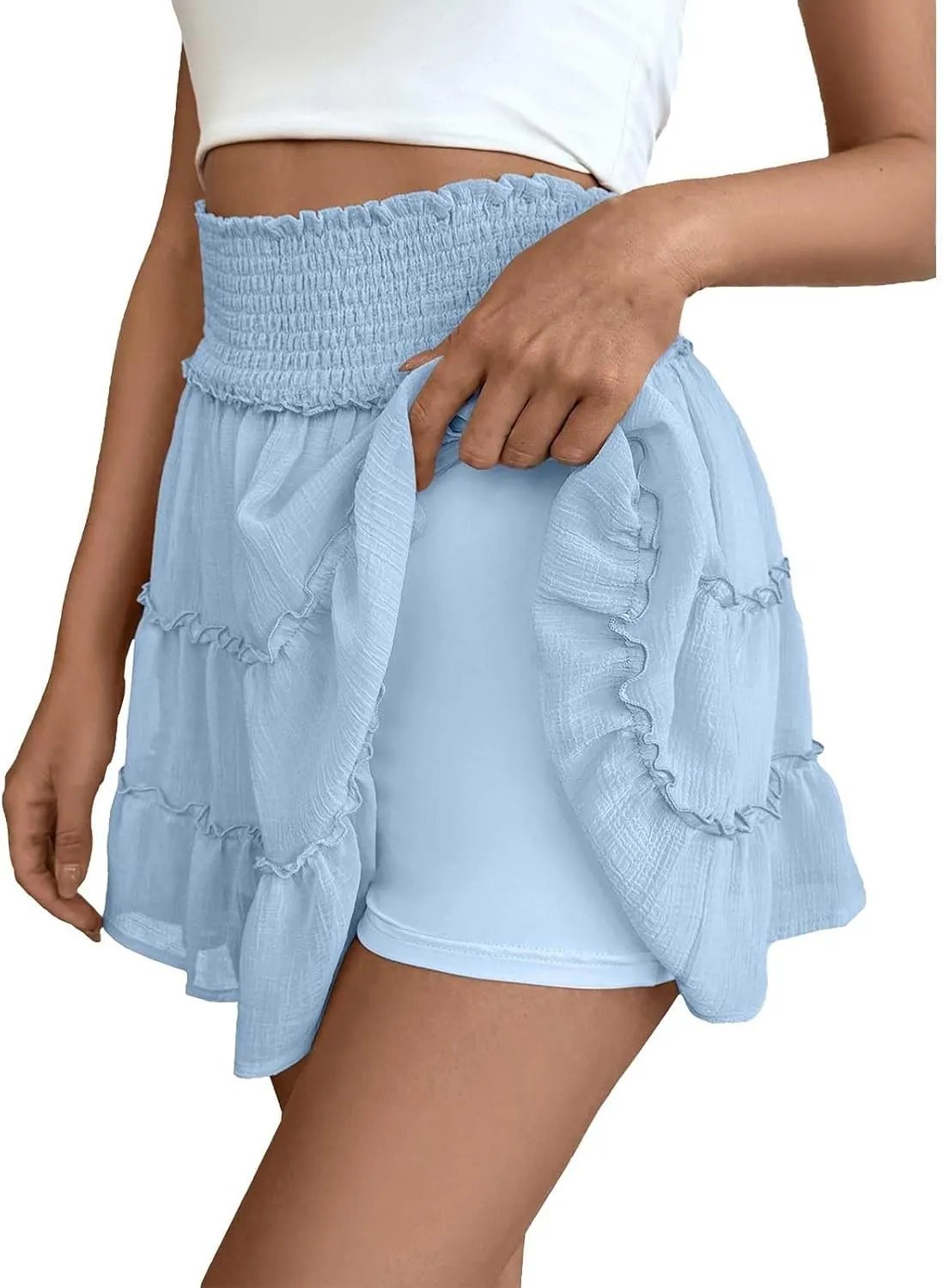 Flowy Shorts for Women Casual High Waist Boho Ruffle Summer Tiered Skorts High Waist Mini Flowy Skirts Golf Shorts