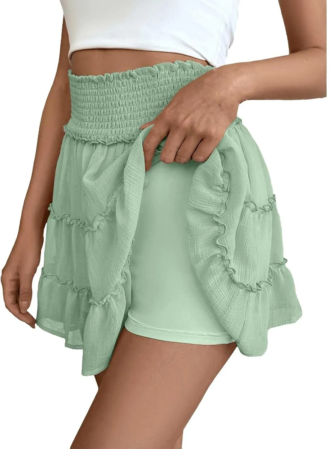 Flowy Shorts for Women Casual High Waist Boho Ruffle Summer Tiered Skorts High Waist Mini Flowy Skirts Golf Shorts