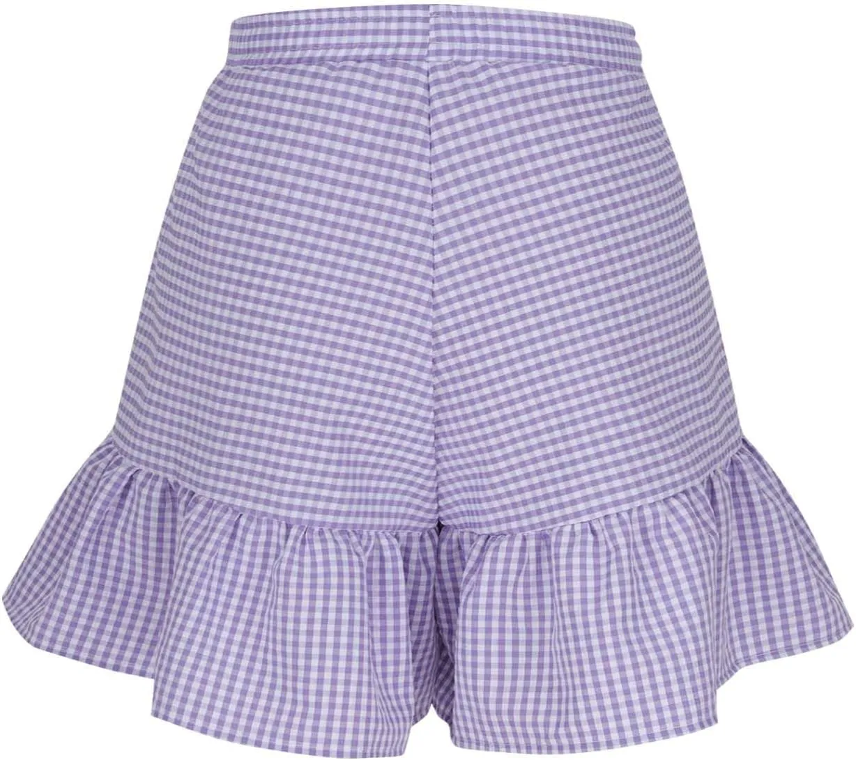 Flowy Shorts for Women Cute Plaid Ruffle Shorts Casual Boho Skorts Button Decoration Elastic High Waist Mini Skirt