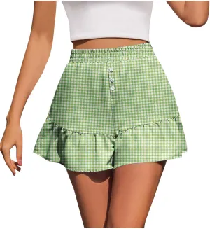 Flowy Shorts for Women Cute Plaid Ruffle Shorts Casual Boho Skorts Button Decoration Elastic High Waist Mini Skirt