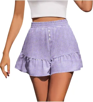 Flowy Shorts for Women Cute Plaid Ruffle Shorts Casual Boho Skorts Button Decoration Elastic High Waist Mini Skirt