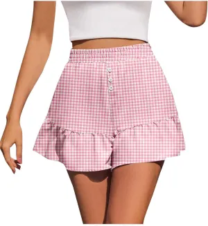 Flowy Shorts for Women Cute Plaid Ruffle Shorts Casual Boho Skorts Button Decoration Elastic High Waist Mini Skirt
