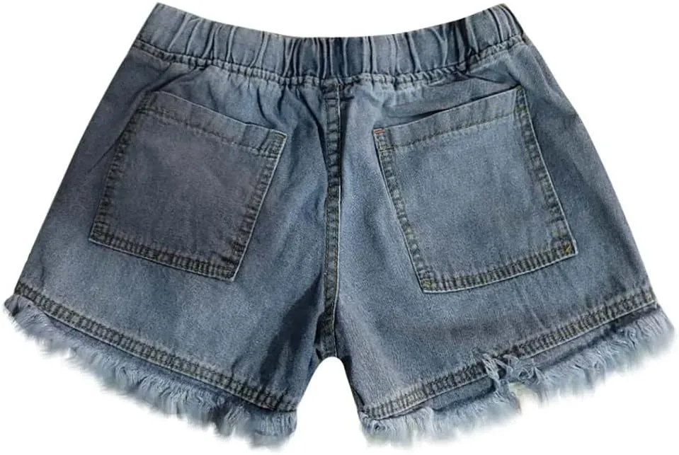Frayed Hem Denim Shorts for Women - Jean Shorts with Ripped Details and Raw Edge Drawstring Elastic Waist Shorts