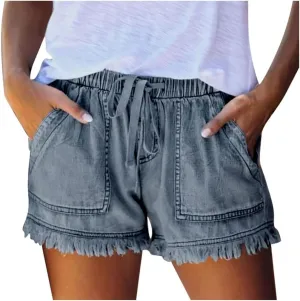 Frayed Hem Denim Shorts for Women - Jean Shorts with Ripped Details and Raw Edge Drawstring Elastic Waist Shorts