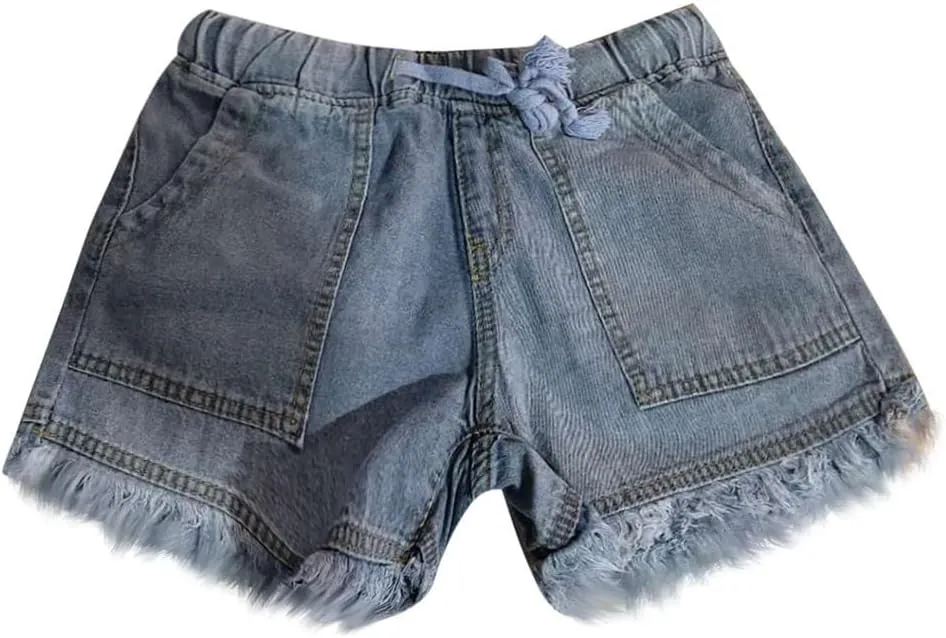 Frayed Hem Denim Shorts for Women - Jean Shorts with Ripped Details and Raw Edge Drawstring Elastic Waist Shorts
