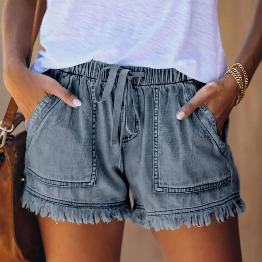 Frayed Hem Denim Shorts for Women - Jean Shorts with Ripped Details and Raw Edge Drawstring Elastic Waist Shorts