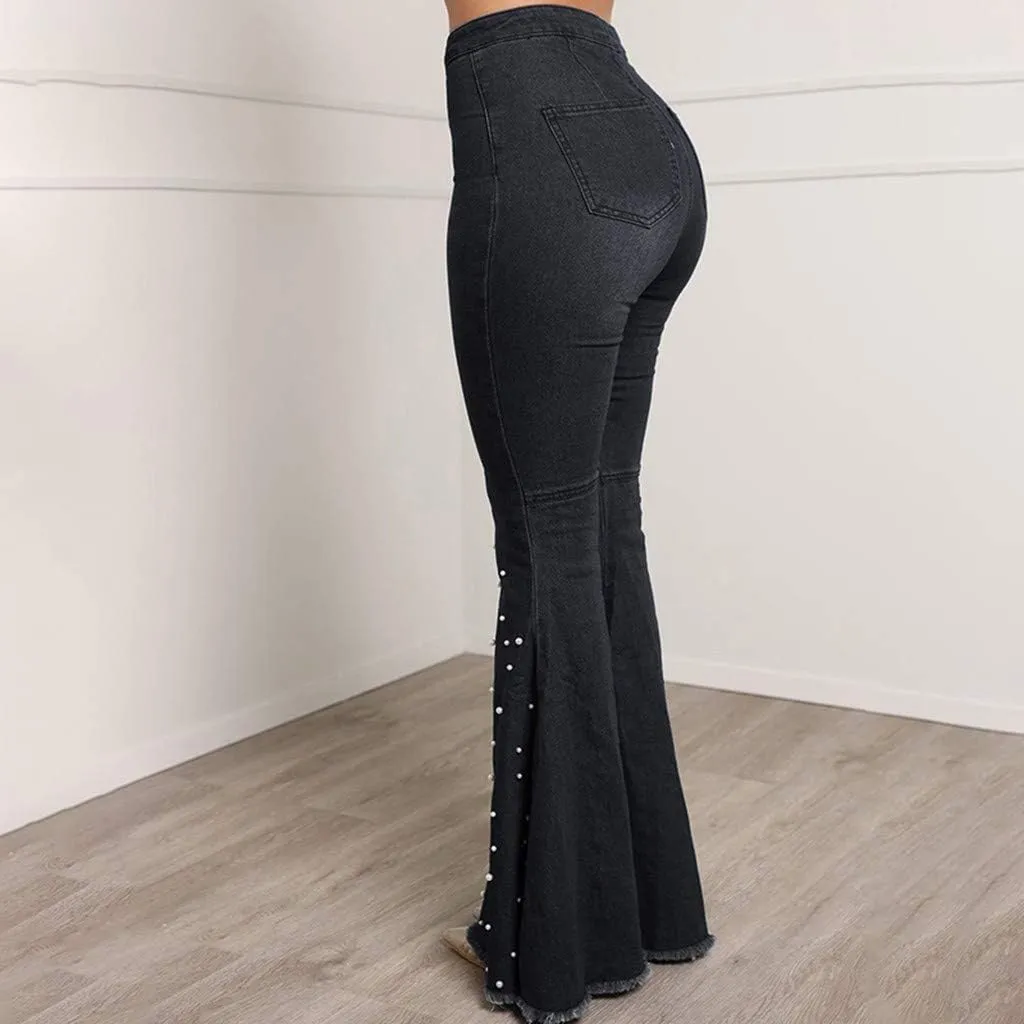 FRMUIC Womens High Waisted Bell Bottom Jeans Denim High Rise Flare Jean Pants Bootcut Jeans with Wide Leg and Pearl