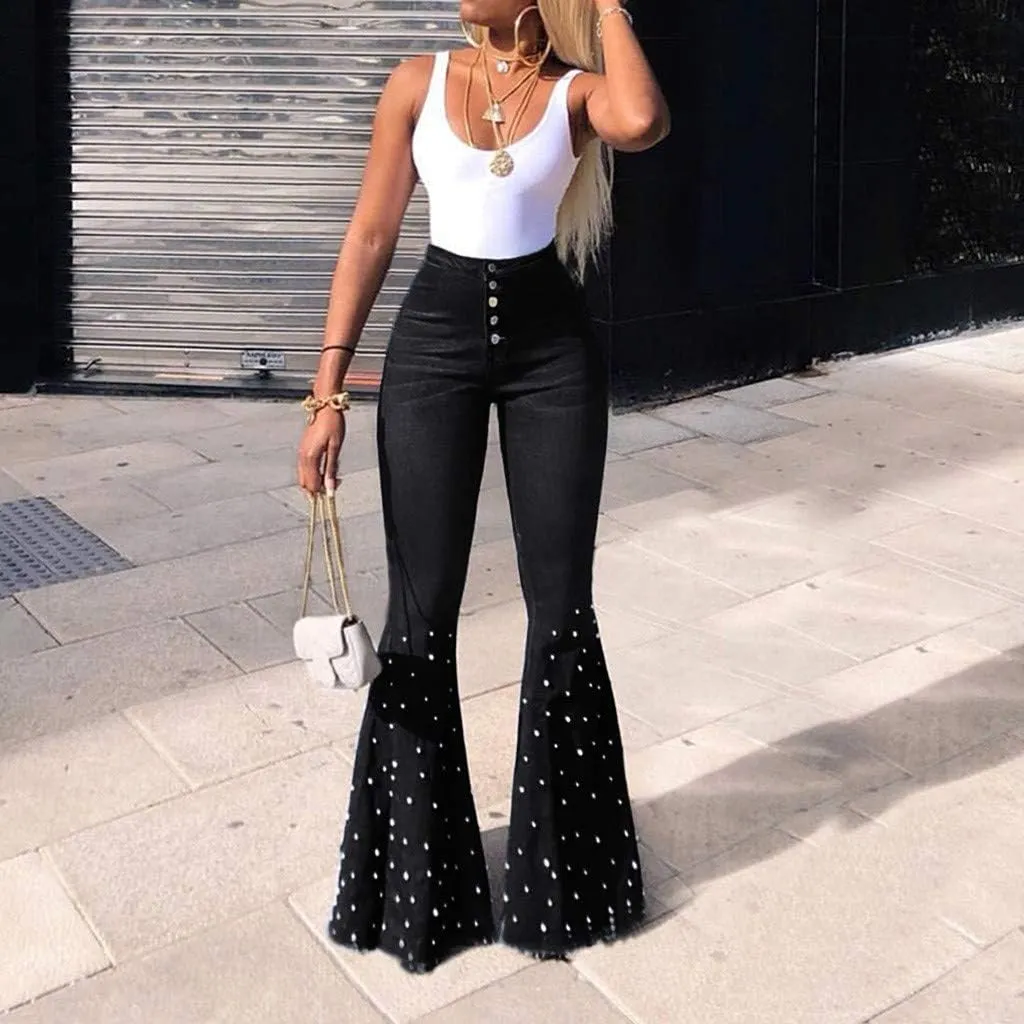FRMUIC Womens High Waisted Bell Bottom Jeans Denim High Rise Flare Jean Pants Bootcut Jeans with Wide Leg and Pearl