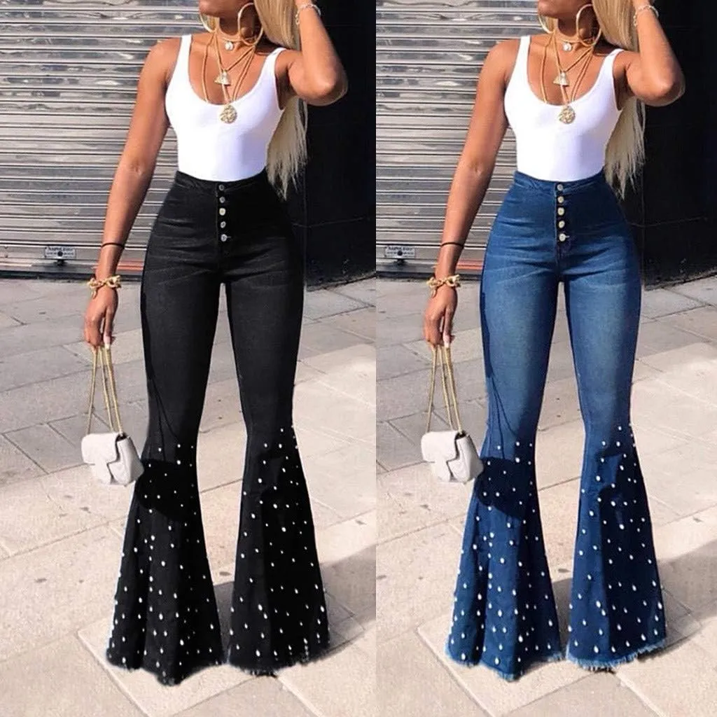 FRMUIC Womens High Waisted Bell Bottom Jeans Denim High Rise Flare Jean Pants Bootcut Jeans with Wide Leg and Pearl