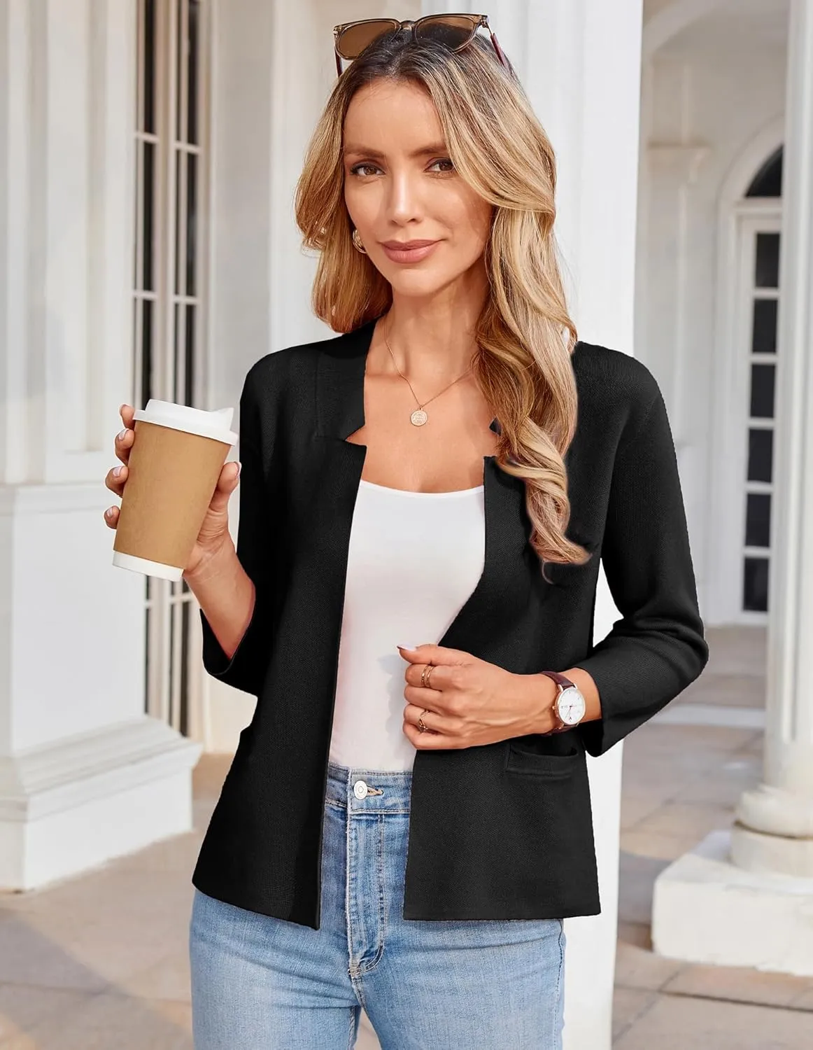 GRACE KARIN Women Sweater Blazer 3/4 Sleeve Cropped Cardigan Lightweight Notch Collar Knit Blazer Jacket Business Casual