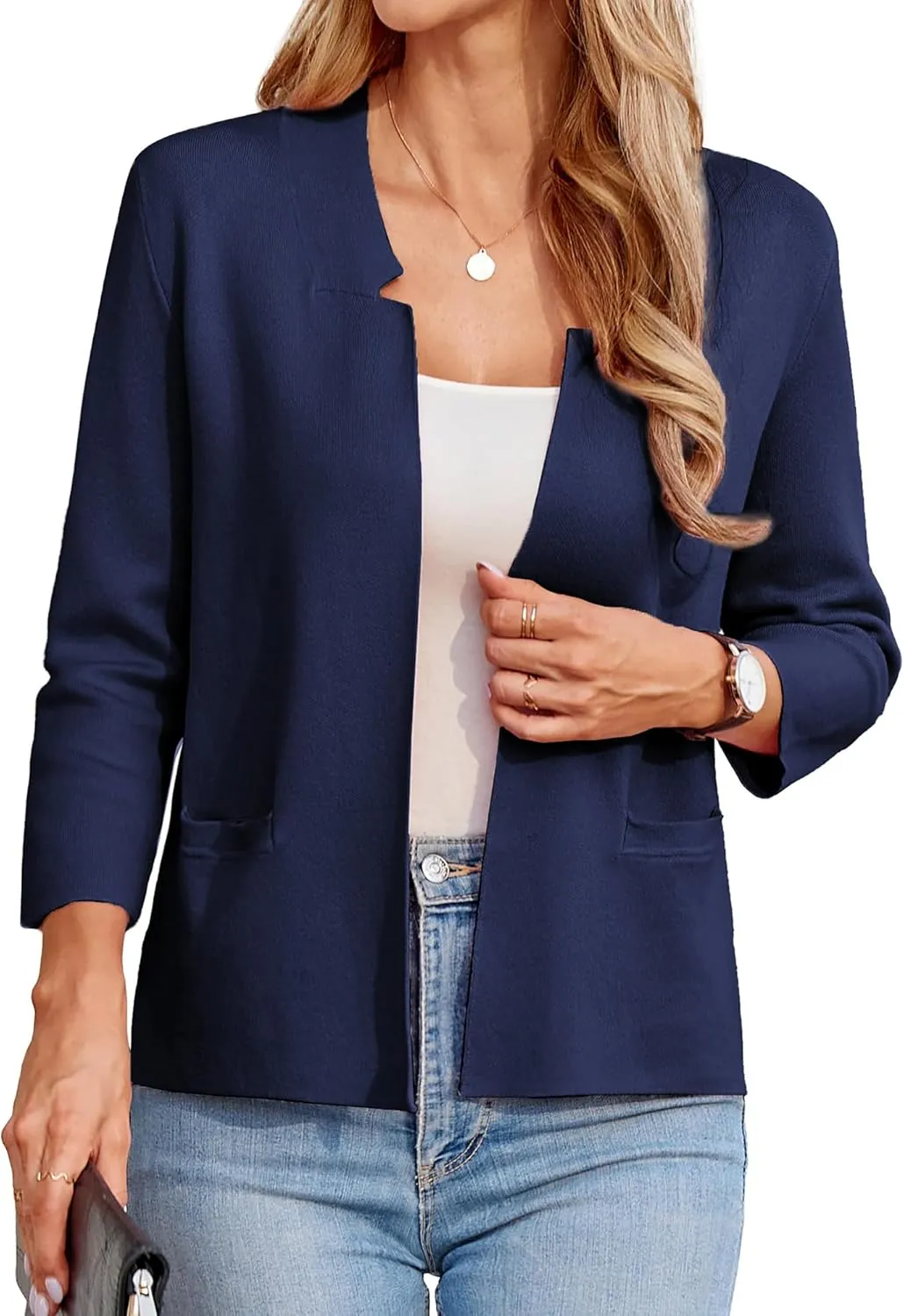 GRACE KARIN Women Sweater Blazer 3/4 Sleeve Cropped Cardigan Lightweight Notch Collar Knit Blazer Jacket Business Casual