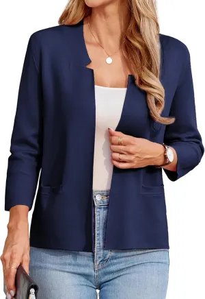 GRACE KARIN Women Sweater Blazer 3/4 Sleeve Cropped Cardigan Lightweight Notch Collar Knit Blazer Jacket Business Casual