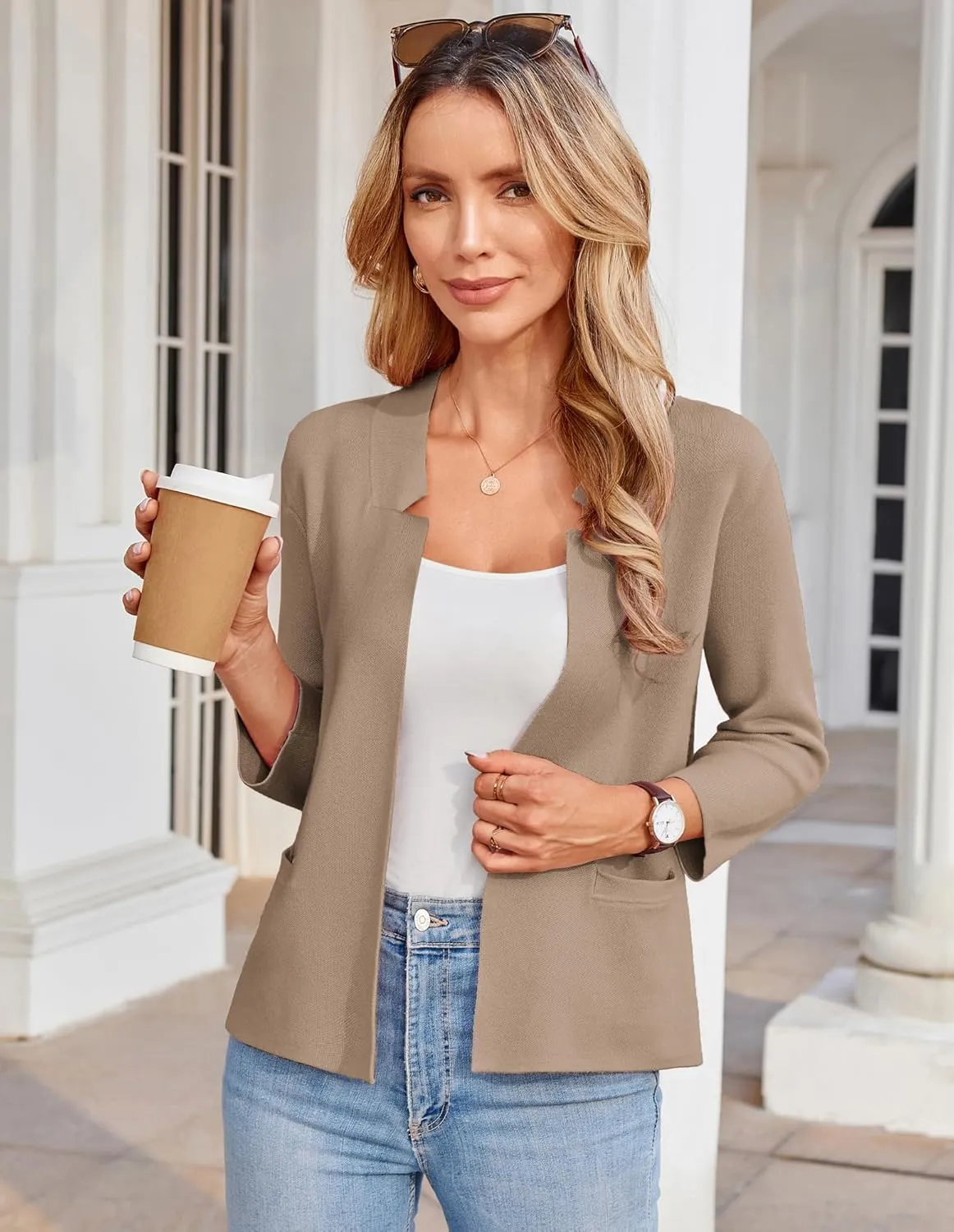 GRACE KARIN Women Sweater Blazer 3/4 Sleeve Cropped Cardigan Lightweight Notch Collar Knit Blazer Jacket Business Casual