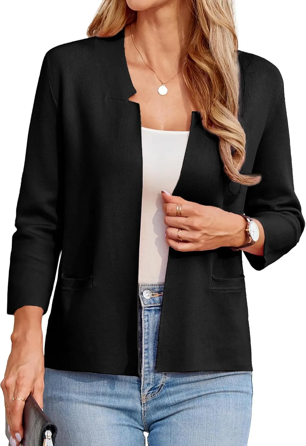 GRACE KARIN Women Sweater Blazer 3/4 Sleeve Cropped Cardigan Lightweight Notch Collar Knit Blazer Jacket Business Casual
