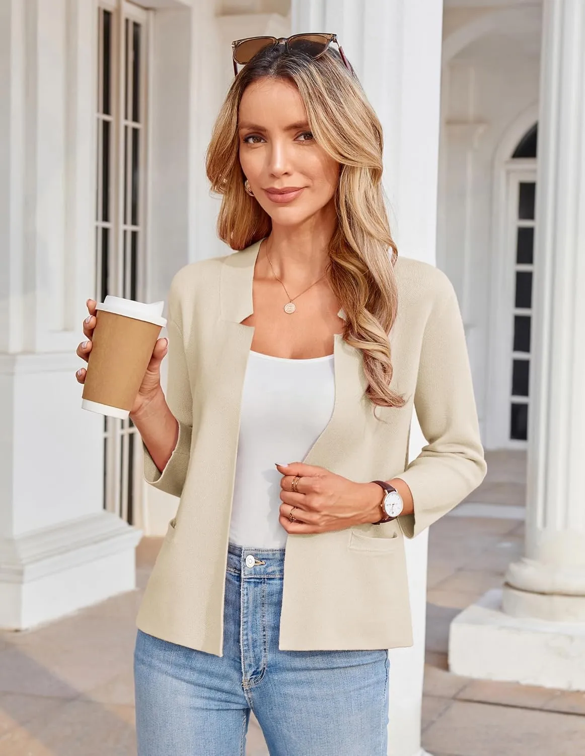GRACE KARIN Women Sweater Blazer 3/4 Sleeve Cropped Cardigan Lightweight Notch Collar Knit Blazer Jacket Business Casual