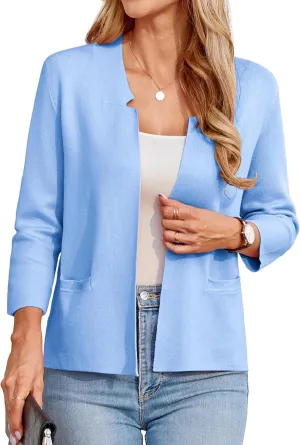 GRACE KARIN Women Sweater Blazer 3/4 Sleeve Cropped Cardigan Lightweight Notch Collar Knit Blazer Jacket Business Casual