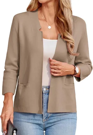 GRACE KARIN Women Sweater Blazer 3/4 Sleeve Cropped Cardigan Lightweight Notch Collar Knit Blazer Jacket Business Casual