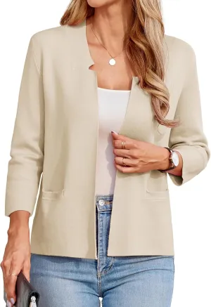 GRACE KARIN Women Sweater Blazer 3/4 Sleeve Cropped Cardigan Lightweight Notch Collar Knit Blazer Jacket Business Casual