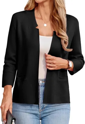 GRACE KARIN Women Sweater Blazer 3/4 Sleeve Cropped Cardigan Lightweight Notch Collar Knit Blazer Jacket Business Casual