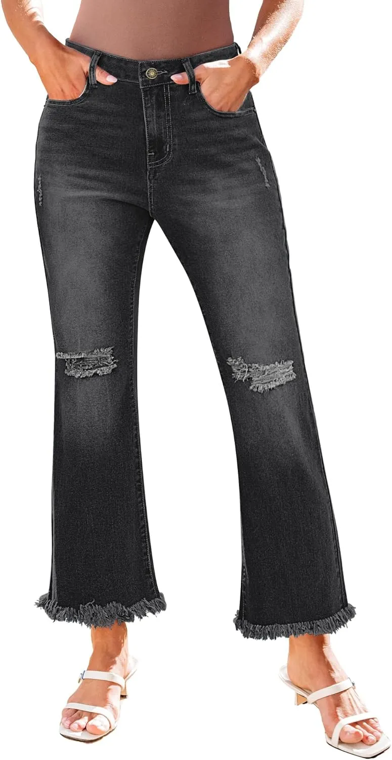 GRAPENT Flare Jeans for Women Trendy High Waisted Cropped Ripped Jeans Wide Leg Stretchy Denim Ankle Pants Raw Hem Jeans