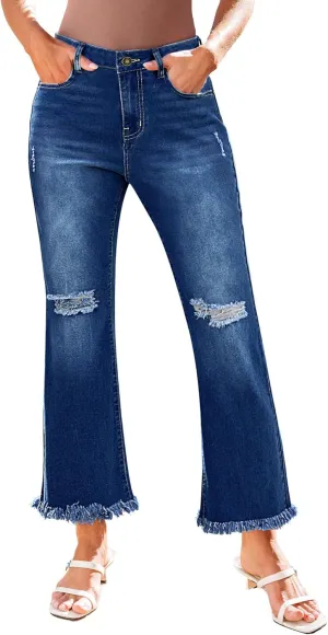 GRAPENT Flare Jeans for Women Trendy High Waisted Cropped Ripped Jeans Wide Leg Stretchy Denim Ankle Pants Raw Hem Jeans