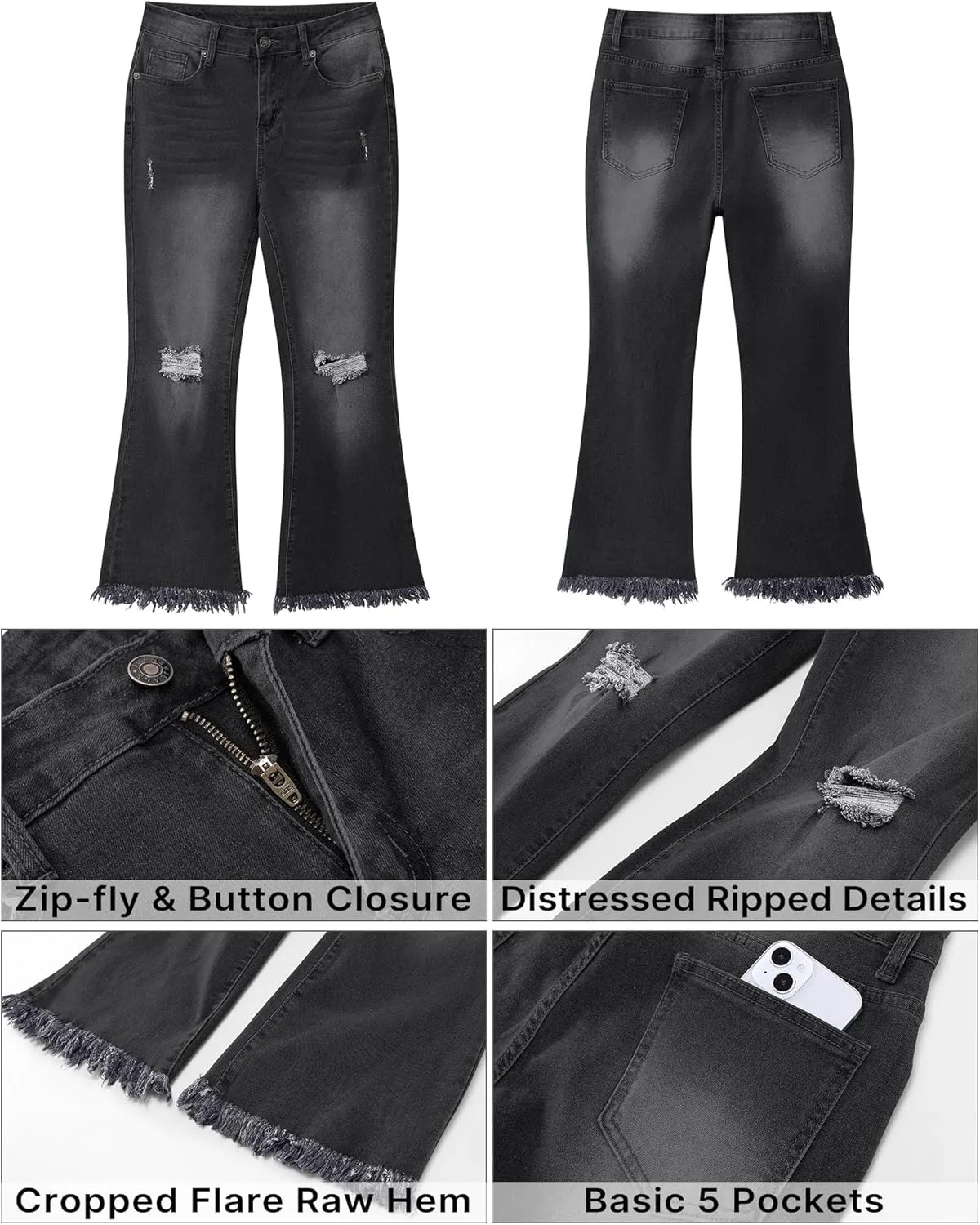 GRAPENT Flare Jeans for Women Trendy High Waisted Cropped Ripped Jeans Wide Leg Stretchy Denim Ankle Pants Raw Hem Jeans