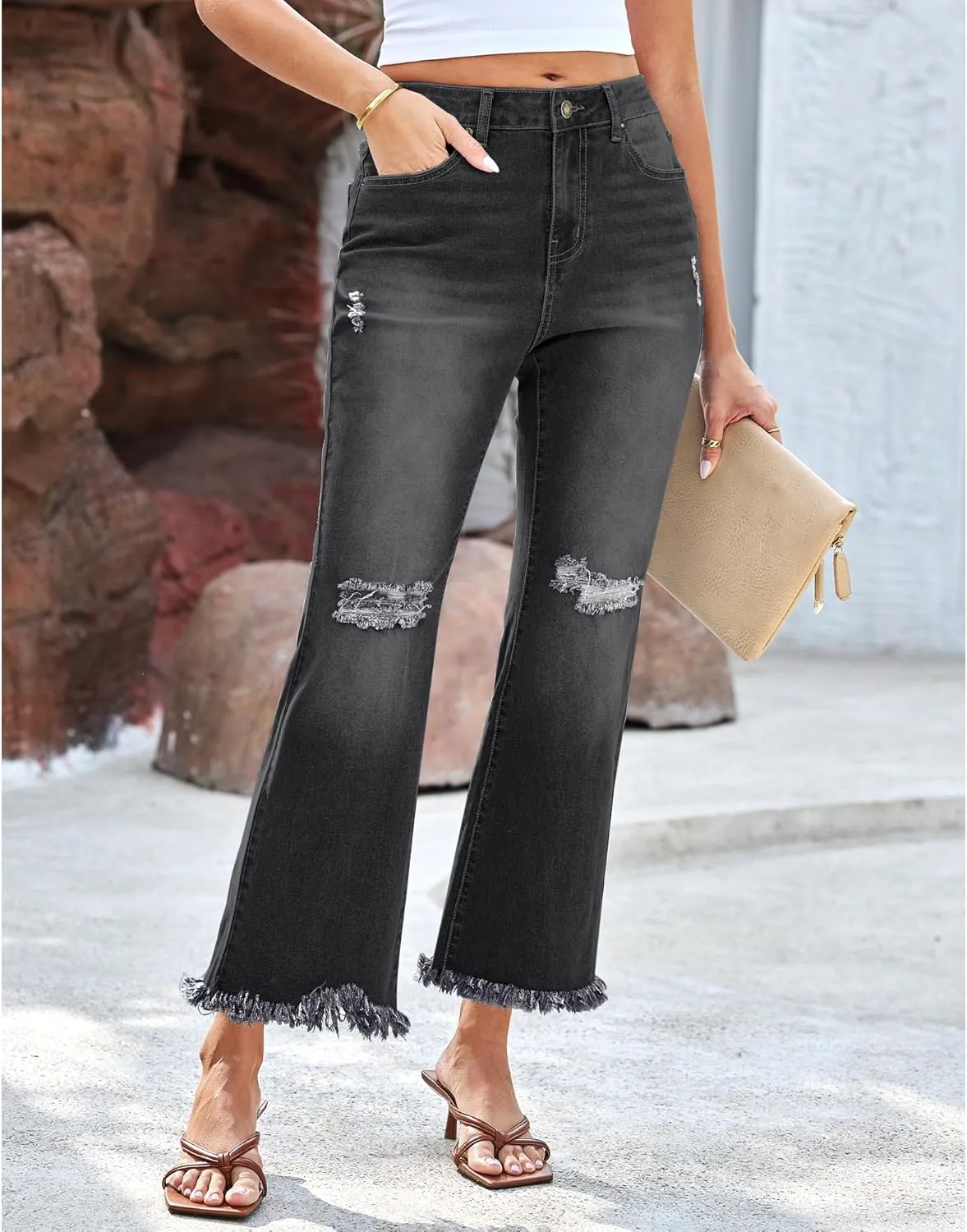 GRAPENT Flare Jeans for Women Trendy High Waisted Cropped Ripped Jeans Wide Leg Stretchy Denim Ankle Pants Raw Hem Jeans