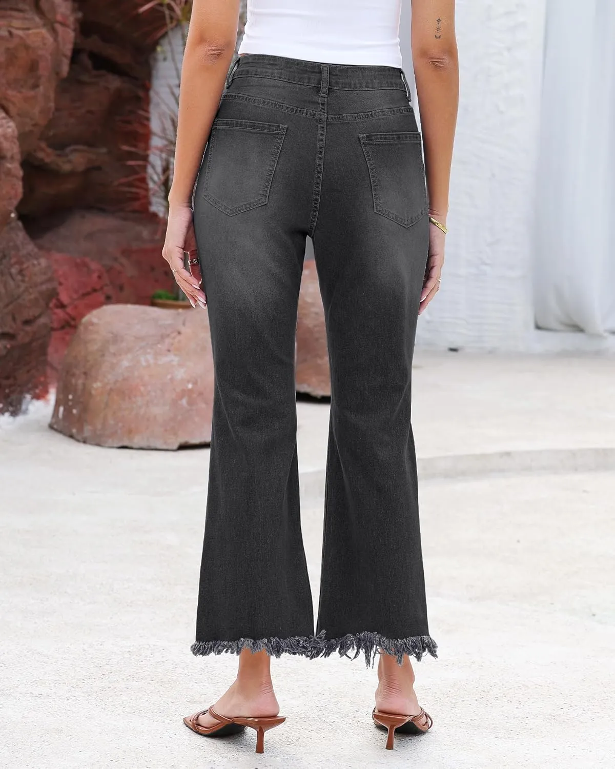 GRAPENT Flare Jeans for Women Trendy High Waisted Cropped Ripped Jeans Wide Leg Stretchy Denim Ankle Pants Raw Hem Jeans