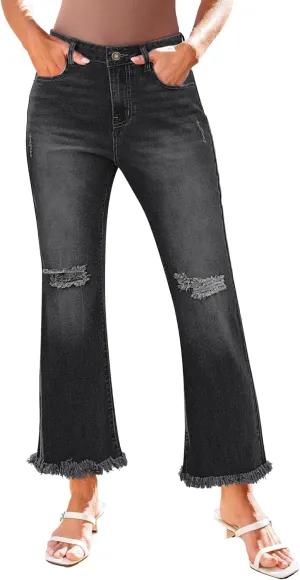 GRAPENT Flare Jeans for Women Trendy High Waisted Cropped Ripped Jeans Wide Leg Stretchy Denim Ankle Pants Raw Hem Jeans