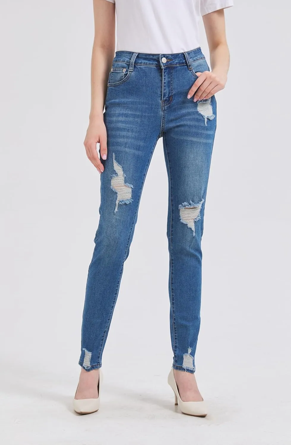 GUNLIRE Women's Ripped Jeans Trendy Stretchy High Waisted Skinny Fit Distressed Tummy Control Casual Denim Jeans for Women