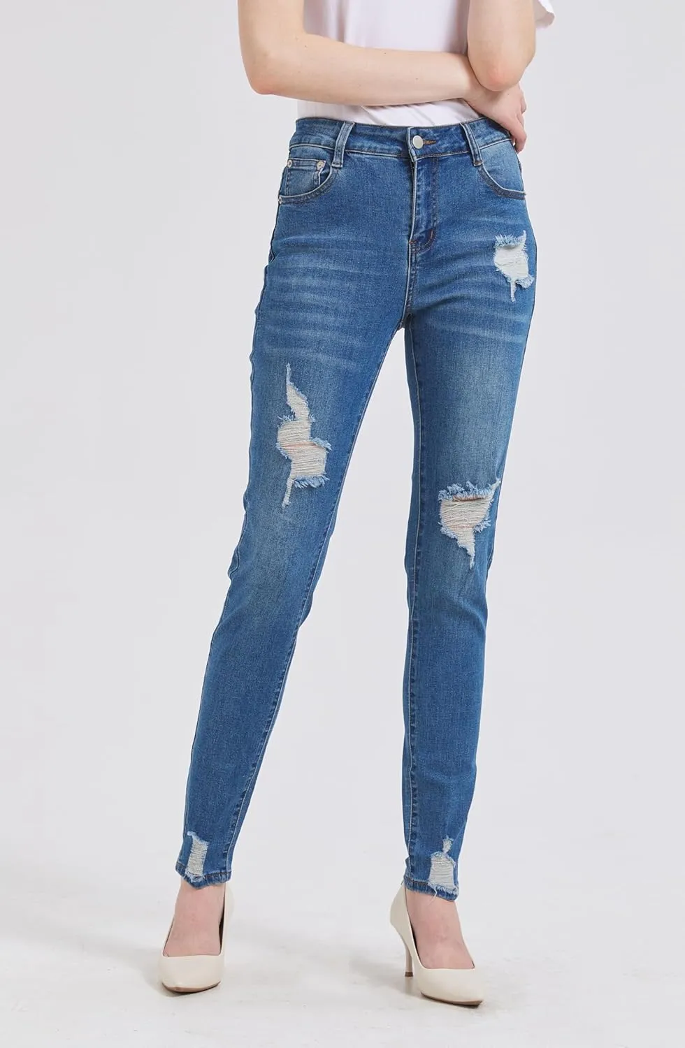 GUNLIRE Women's Ripped Jeans Trendy Stretchy High Waisted Skinny Fit Distressed Tummy Control Casual Denim Jeans for Women