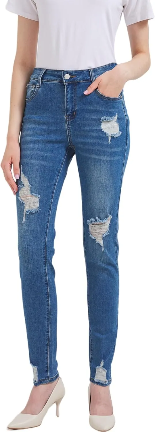GUNLIRE Women's Ripped Jeans Trendy Stretchy High Waisted Skinny Fit Distressed Tummy Control Casual Denim Jeans for Women