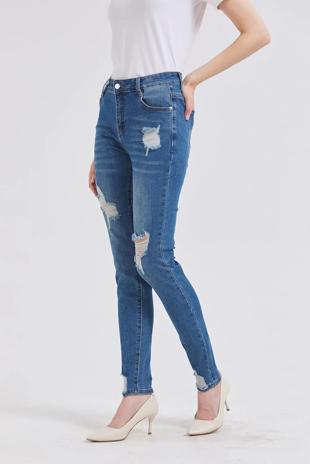 GUNLIRE Women's Ripped Jeans Trendy Stretchy High Waisted Skinny Fit Distressed Tummy Control Casual Denim Jeans for Women
