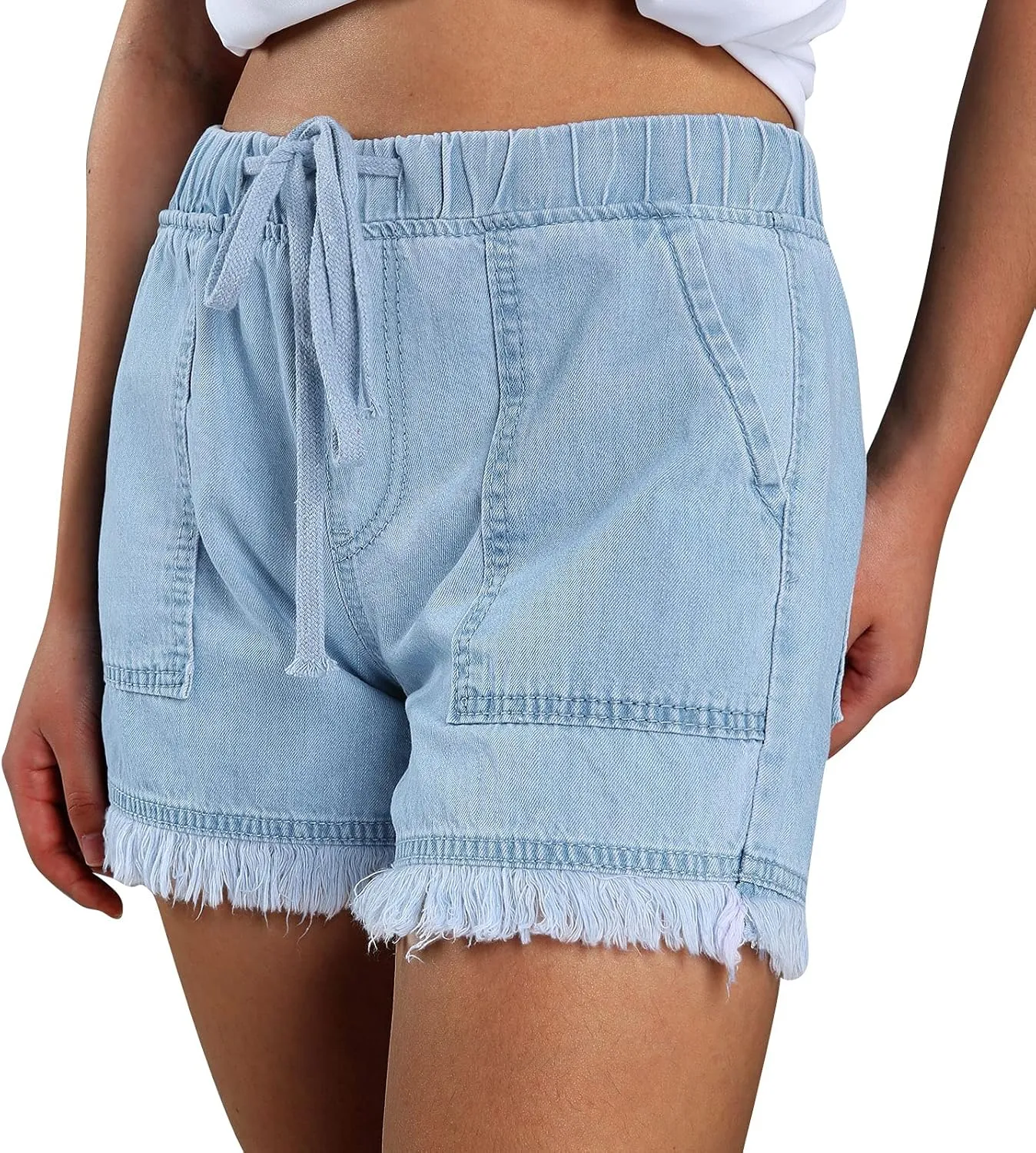 Gupgi Women 's Washed Denim Shorts Casual Drawstring Elastic Waist High Waisted Frayed Hem Raw Hem Loose Short Jeans