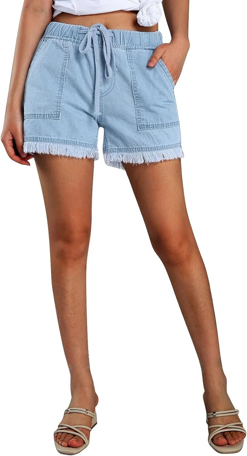 Gupgi Women 's Washed Denim Shorts Casual Drawstring Elastic Waist High Waisted Frayed Hem Raw Hem Loose Short Jeans