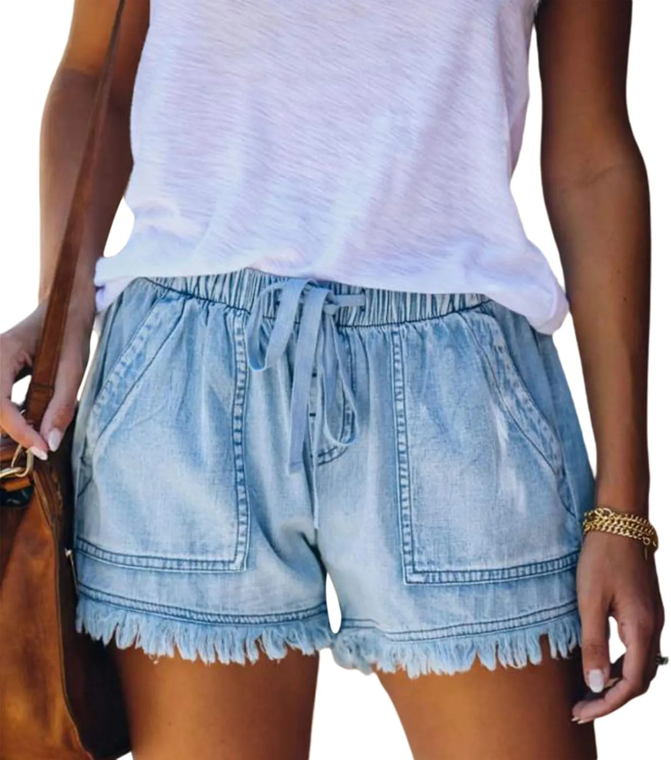 Gupgi Women 's Washed Denim Shorts Casual Drawstring Elastic Waist High Waisted Frayed Hem Raw Hem Loose Short Jeans