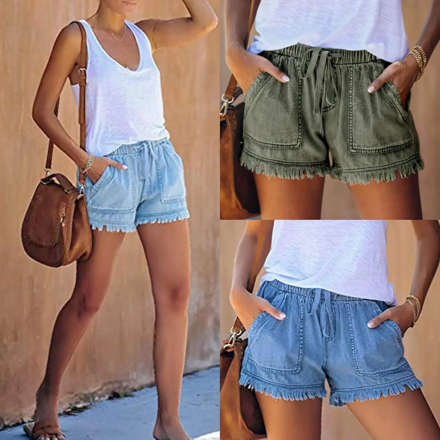 Gupgi Women 's Washed Denim Shorts Casual Drawstring Elastic Waist High Waisted Frayed Hem Raw Hem Loose Short Jeans
