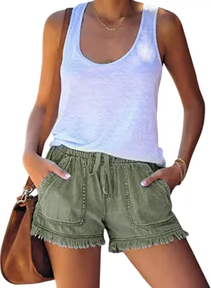 Gupgi Women 's Washed Denim Shorts Casual Drawstring Elastic Waist High Waisted Frayed Hem Raw Hem Loose Short Jeans